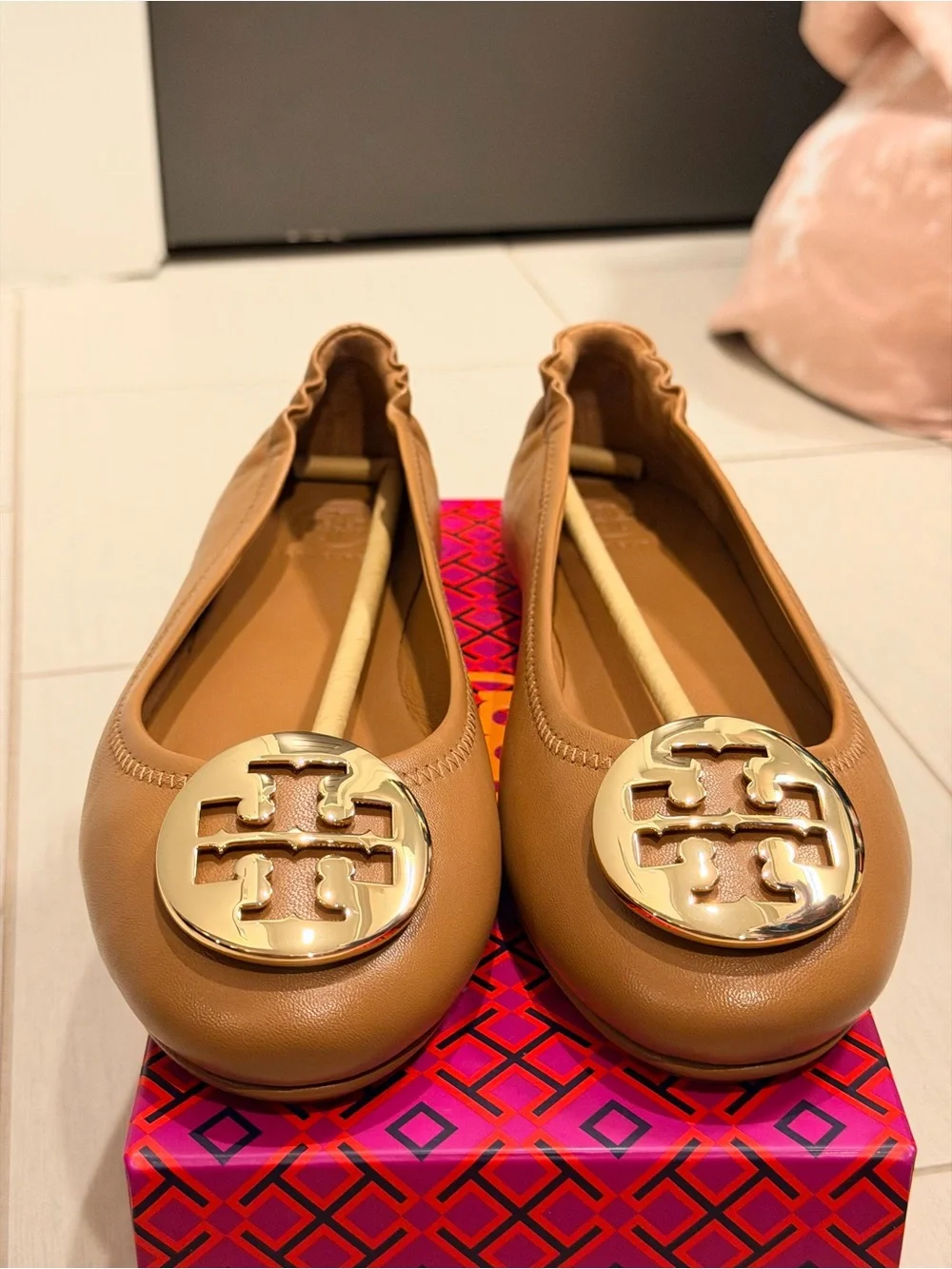 Tory Burch Tan Leather Minnie Travel Ballet Flats